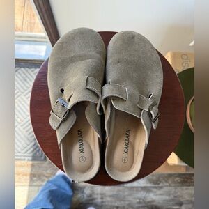 2 for $20 sale: Xiakolaka tan suede cork soled mules clogs slip-ons. 9